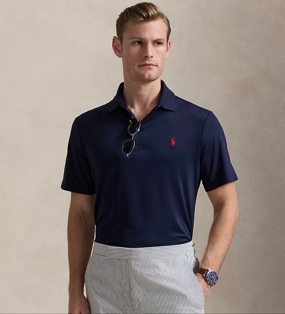 Polo Ralph Lauren Navy Blue Performance Polo Red Trim Popped Collar - Medium